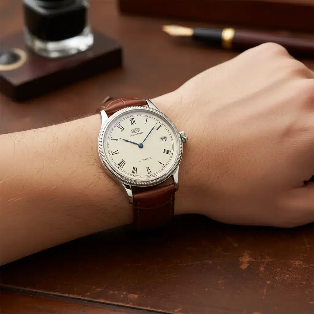 Nahaufnahme einer klassischen Herrenuhr mit Lederarmband, Symbol für Eleganz und Präzision