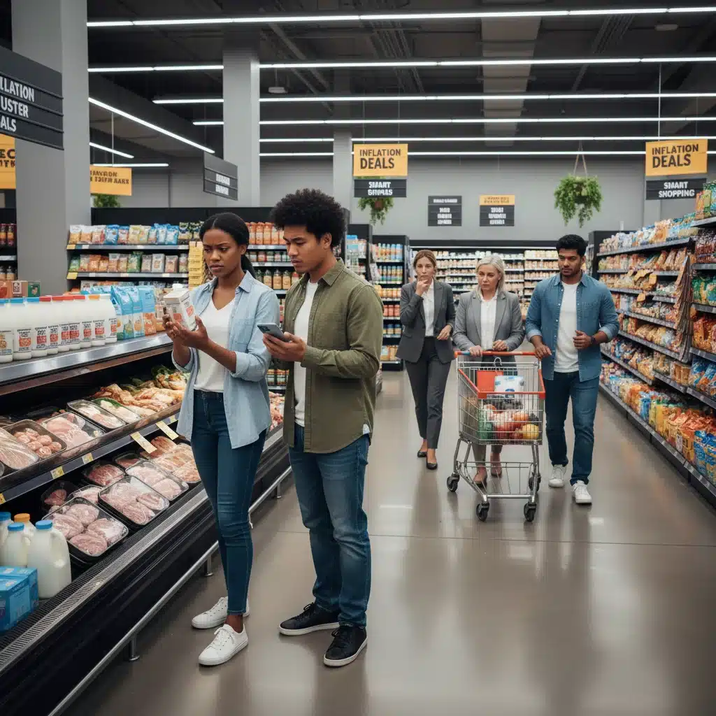 Konsumenten im Supermarkt, die Preise prüfen – Symbol für Kaufkraft und Inflation.