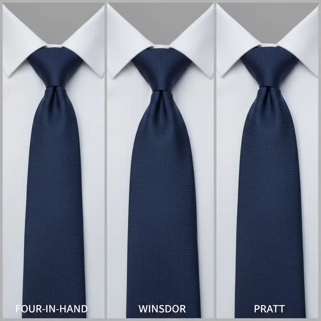 Vergleich der Krawattenknoten Four-in-Hand, Windsor und Pratt