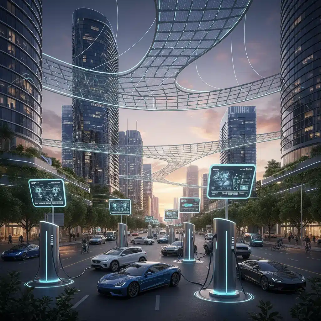 Modernes Netzwerk von Ladestationen für Elektrofahrzeuge in einer Stadt bei Dämmerung, zeigt Ausbau der Ladeinfrastruktur.