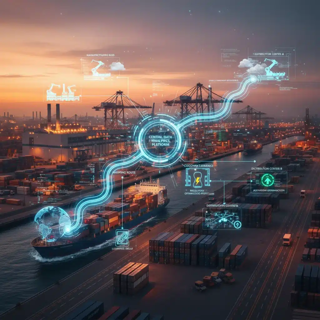 Komplexes Diagramm einer globalen Lieferkette mit verschiedenen Stationen von der Produktion bis zum Endkunden, das Effizienz und mögliche Herausforderungen darstellt.