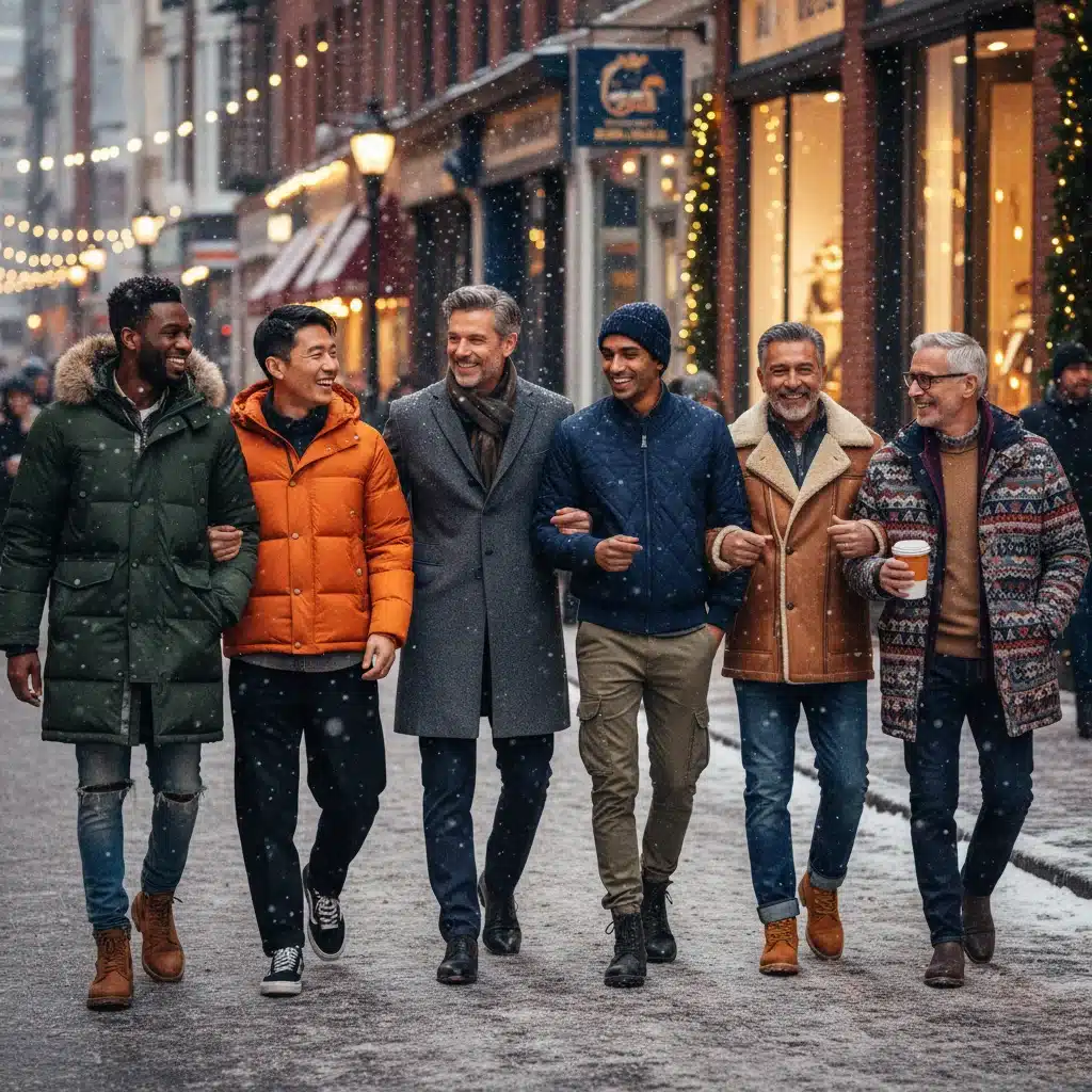 Vielfältige Gruppe von Männern in verschiedenen stylischen Winterjacken in der Stadt