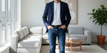 Mann in Blazer, T-Shirt und Jeans, Kapselgarderobe Herren 2026