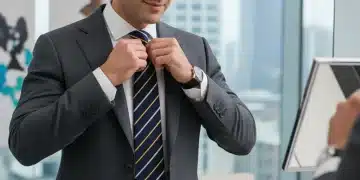 Mann bindet Krawatte im Büro, Business-Knigge