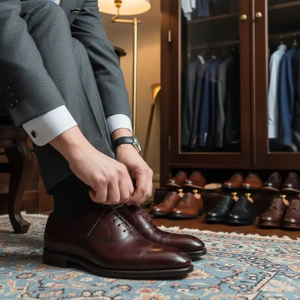 Mann bindet Schnürsenkel edler Lederschuhe