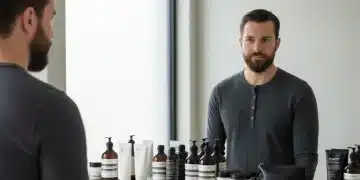 Stilbewusster Mann pflegt sich im Badezimmer mit modernen Produkten