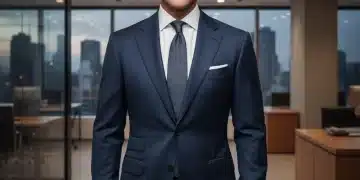 Mann in maßgeschneidertem Anzug im Büro, strahlt Professionalität aus.
