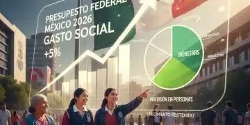 Grafik des mexikanischen Bundeshaushalts 2026 mit steigenden Sozialausgaben und Fokus auf soziale Programme.