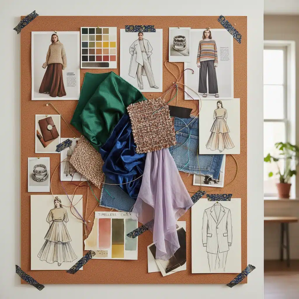 Kreatives Moodboard mit Modeelementen und Farbschemata für persönlichen Stil.