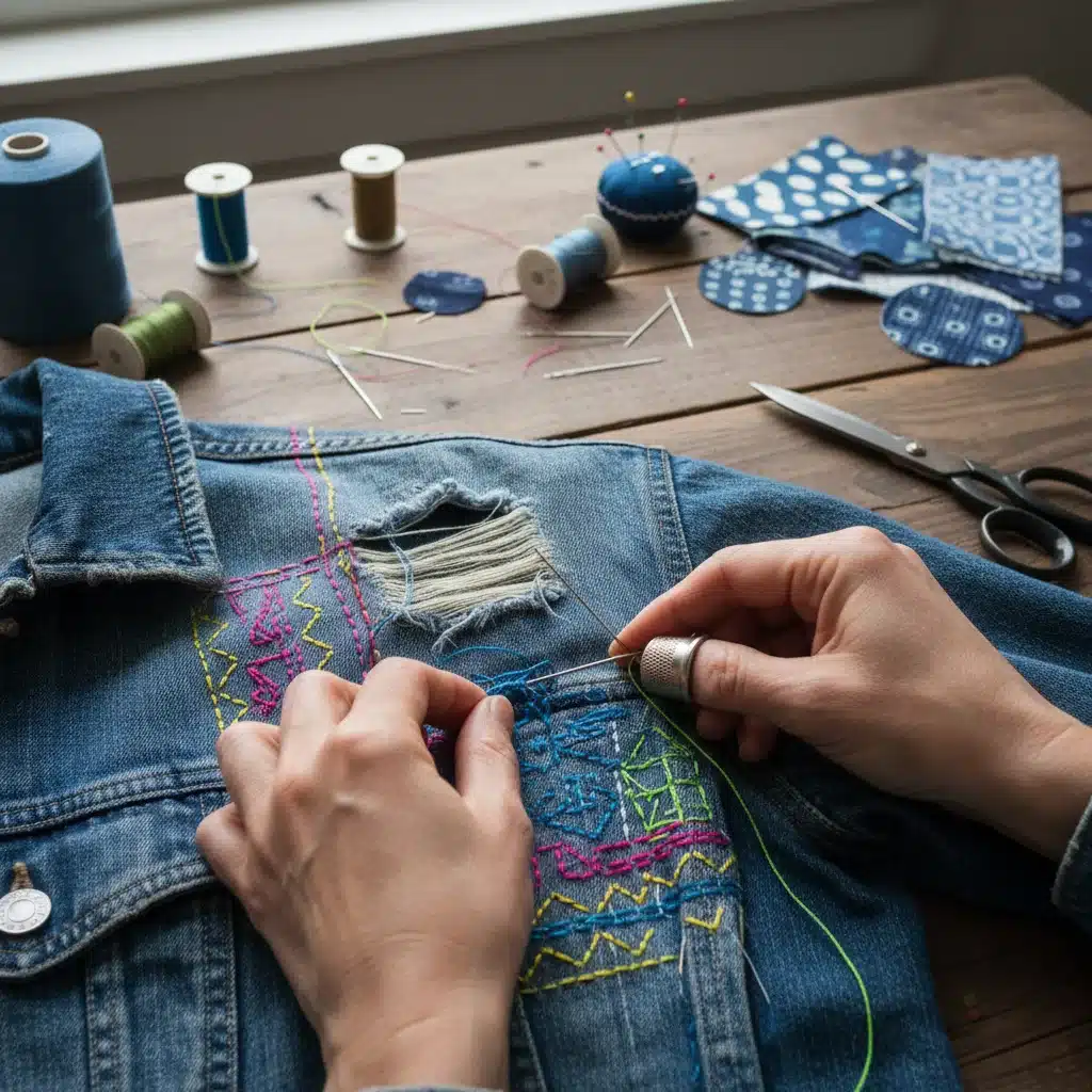 Hände reparieren eine Jeansjacke, Symbol für Mode-Langlebigkeit