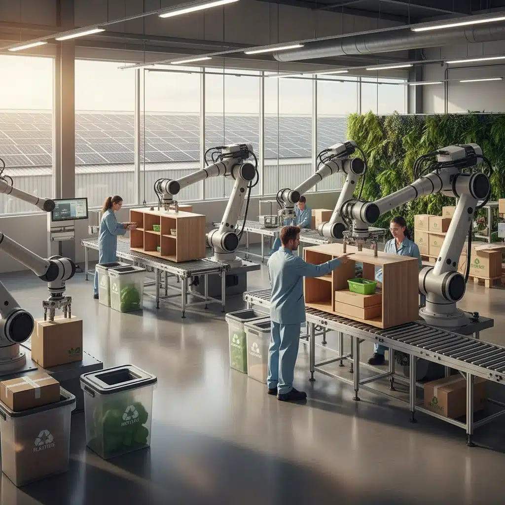 Moderne Fabrik mit Robotern und Menschen, die nachhaltige Produktion und Effizienz fördern.