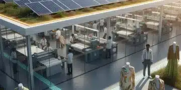 Moderne Textilfabrik mit Solaranlagen und grünen Technologien, die klimaneutrale Mode symbolisiert.