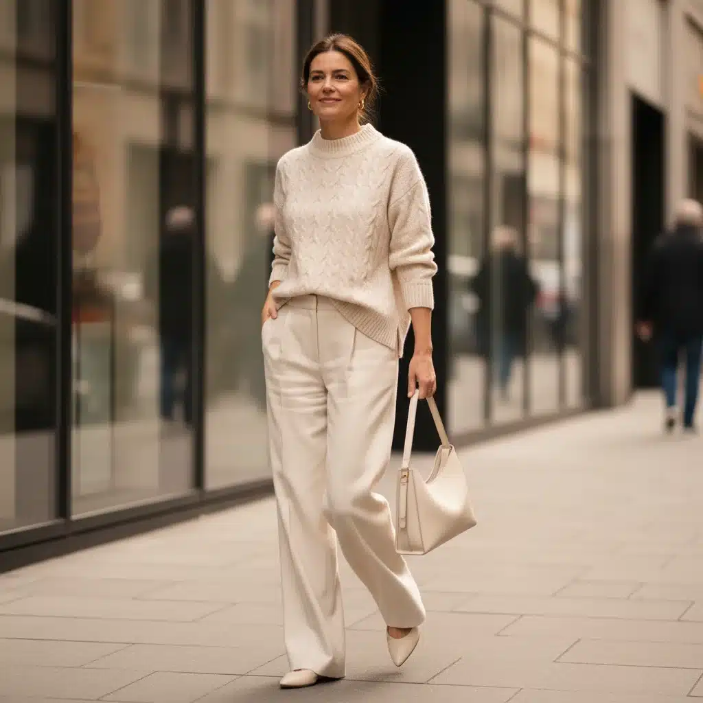 Monochromer Look für Damen über 40: Creme-farbener Strickpullover und weite Hose