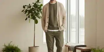Mann trägt nachhaltige Herrenmode in modernem Ambiente