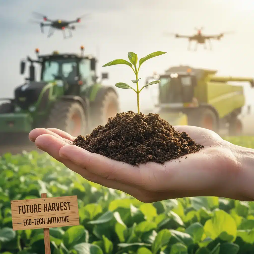 Nachhaltige Landwirtschaft: Hand pflanzt Setzling in gesunden Boden mit moderner Technik