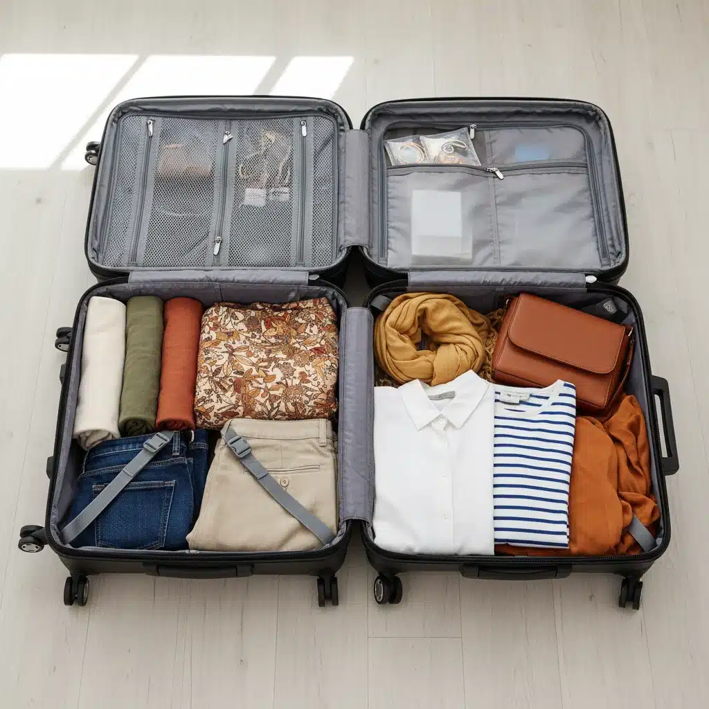 Organisierter Koffer mit vielseitigen Kleidungsstücken für die Reise