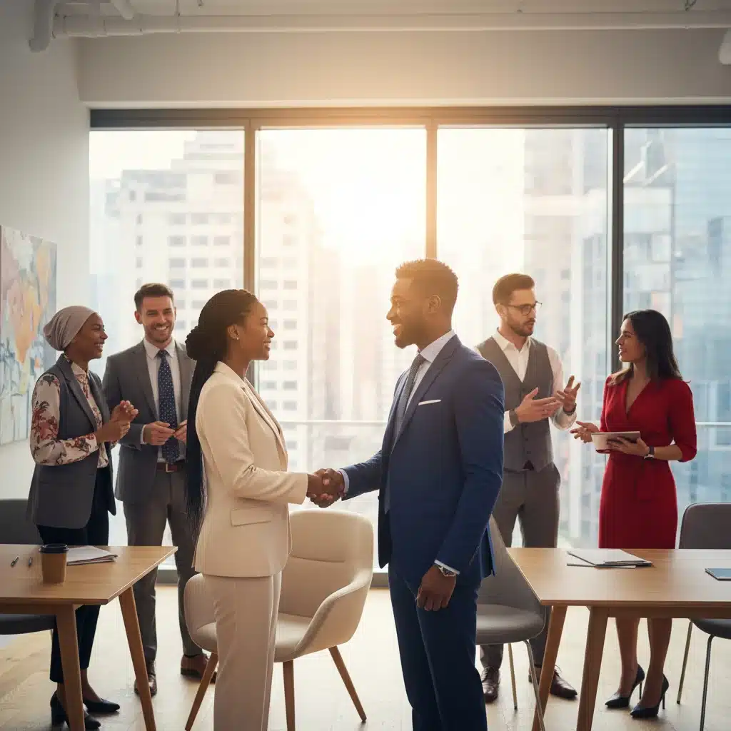 Geschäftsleute in Anzügen im Gespräch, professionelles Networking.