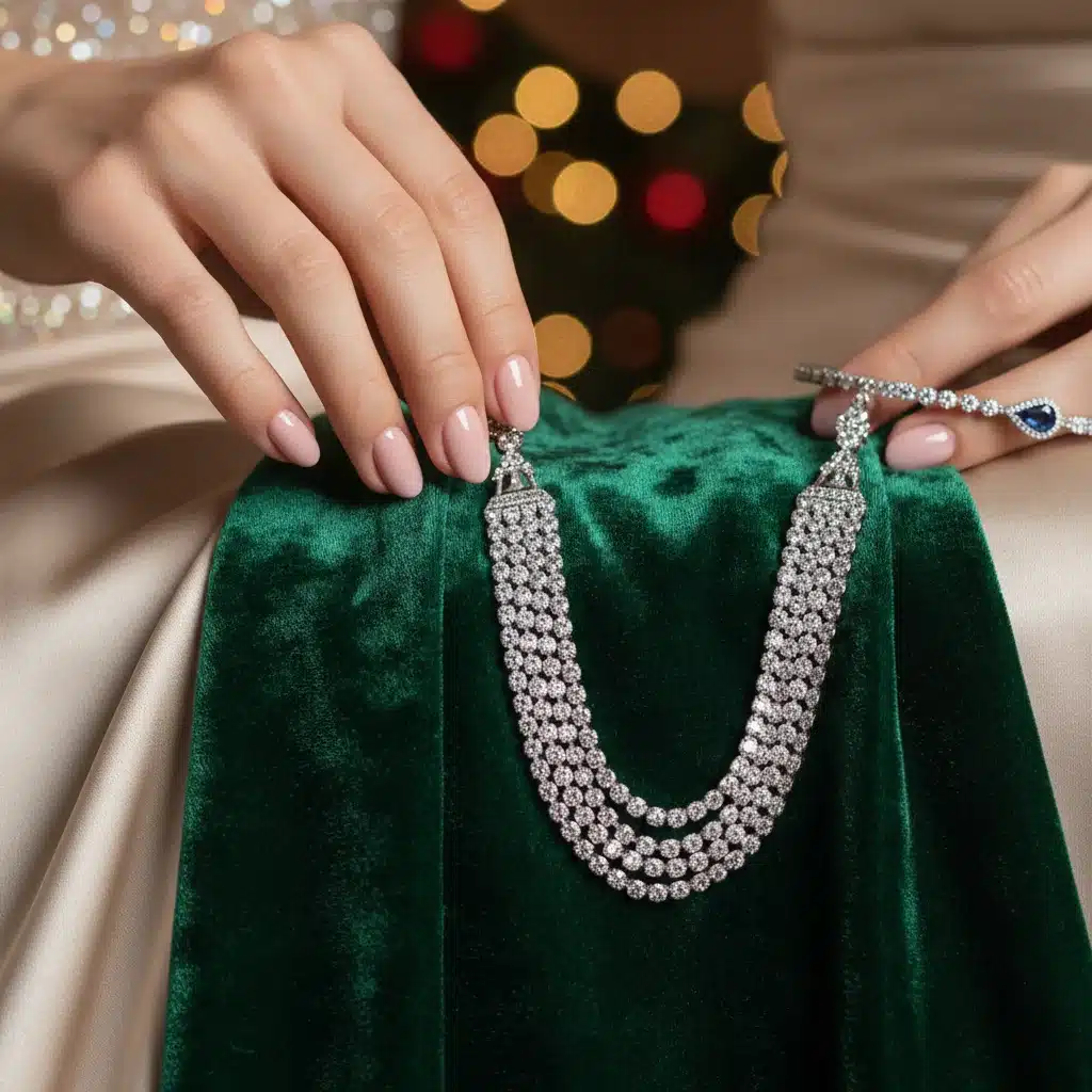 Nahaufnahme einer Hand, die filigranen Schmuck zu einem luxuriösen festlichen Outfit anlegt.
