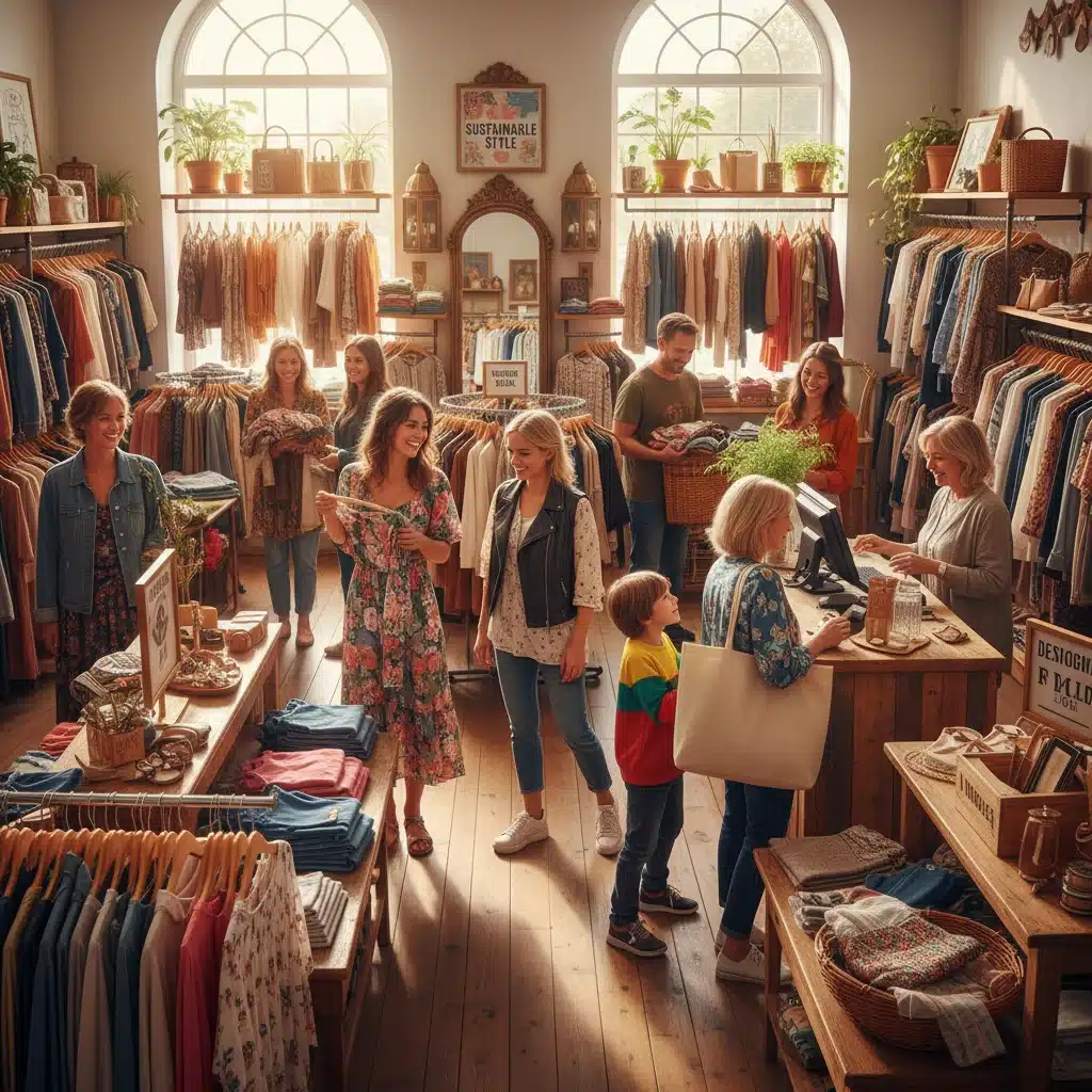 Kunden stöbern in einem stilvollen Second-Hand-Bekleidungsgeschäft