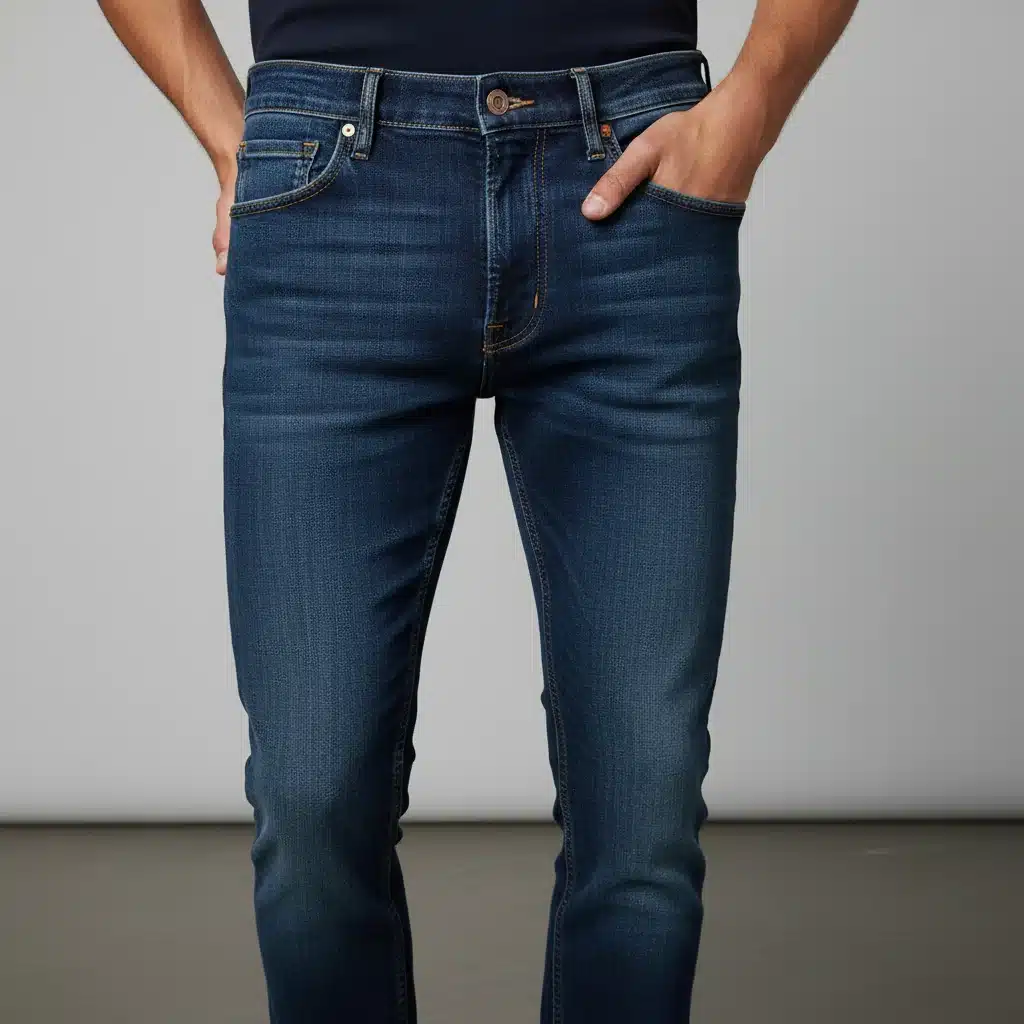 Nahaufnahme einer Slim-Fit Jeans auf einem männlichen Model, Details des Denims