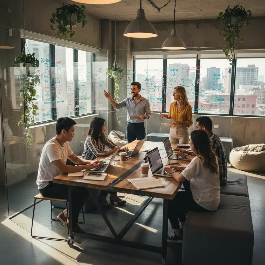 Vielfältiges Team von Gründern in einem modernen Co-Working-Space, die zusammenarbeiten und Ideen entwickeln.