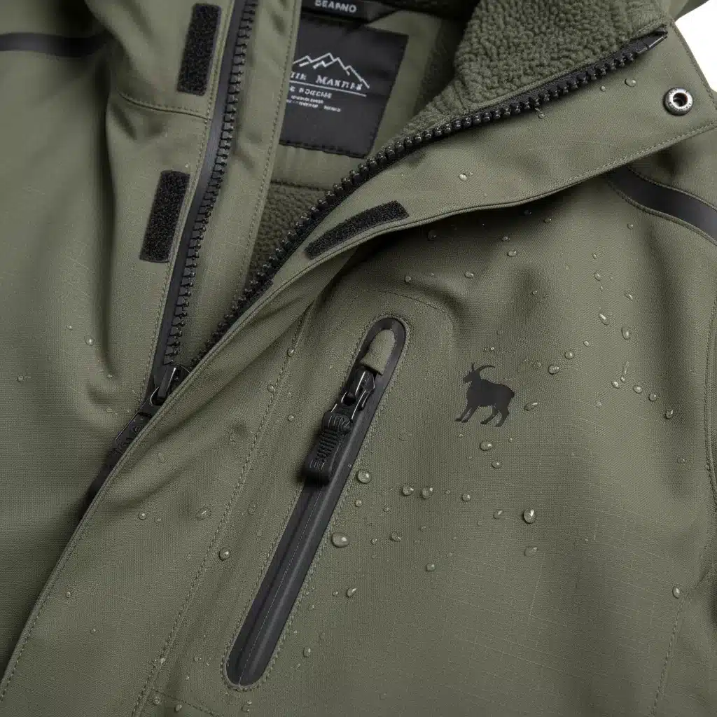 Nahaufnahme der Stichdetails und des wasserdichten Materials einer technischen Winterjacke