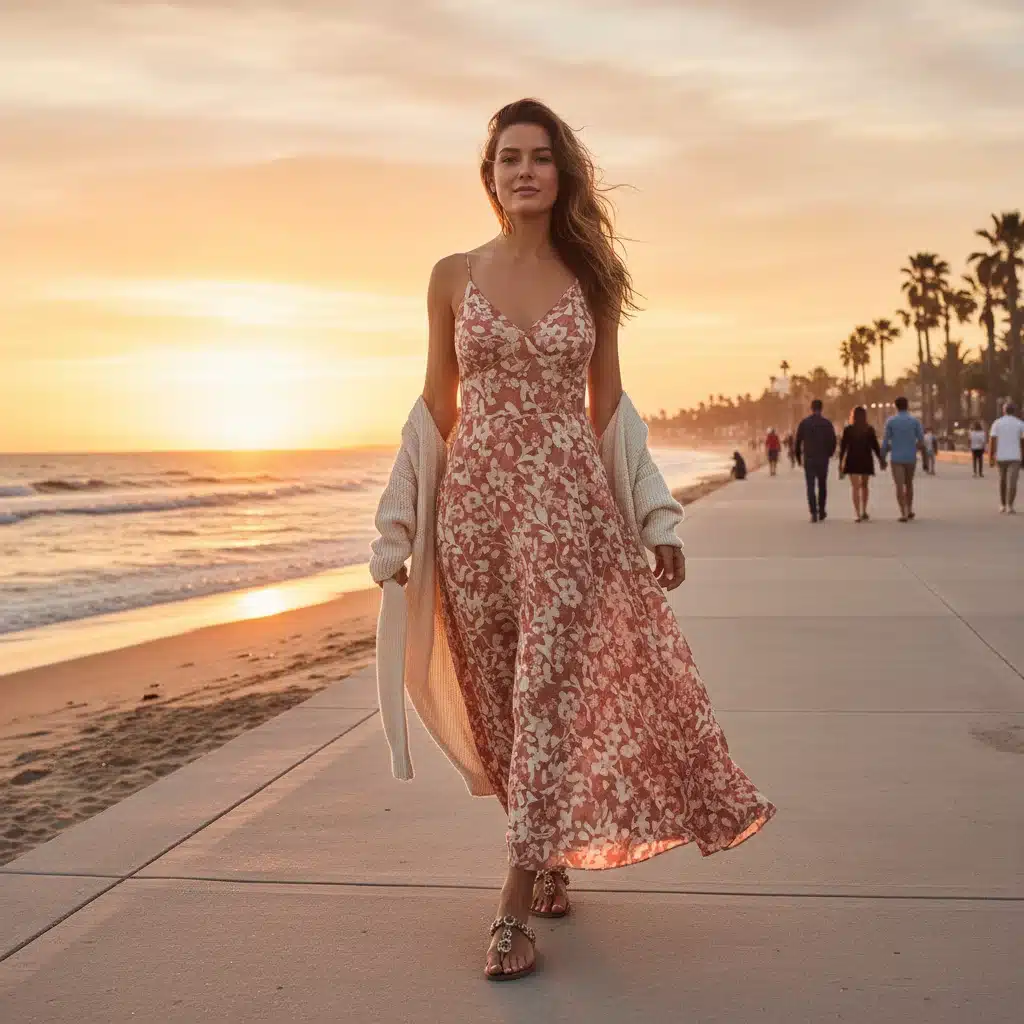 Frau in elegantem Strandoutfit genießt den Sonnenuntergang am Meer