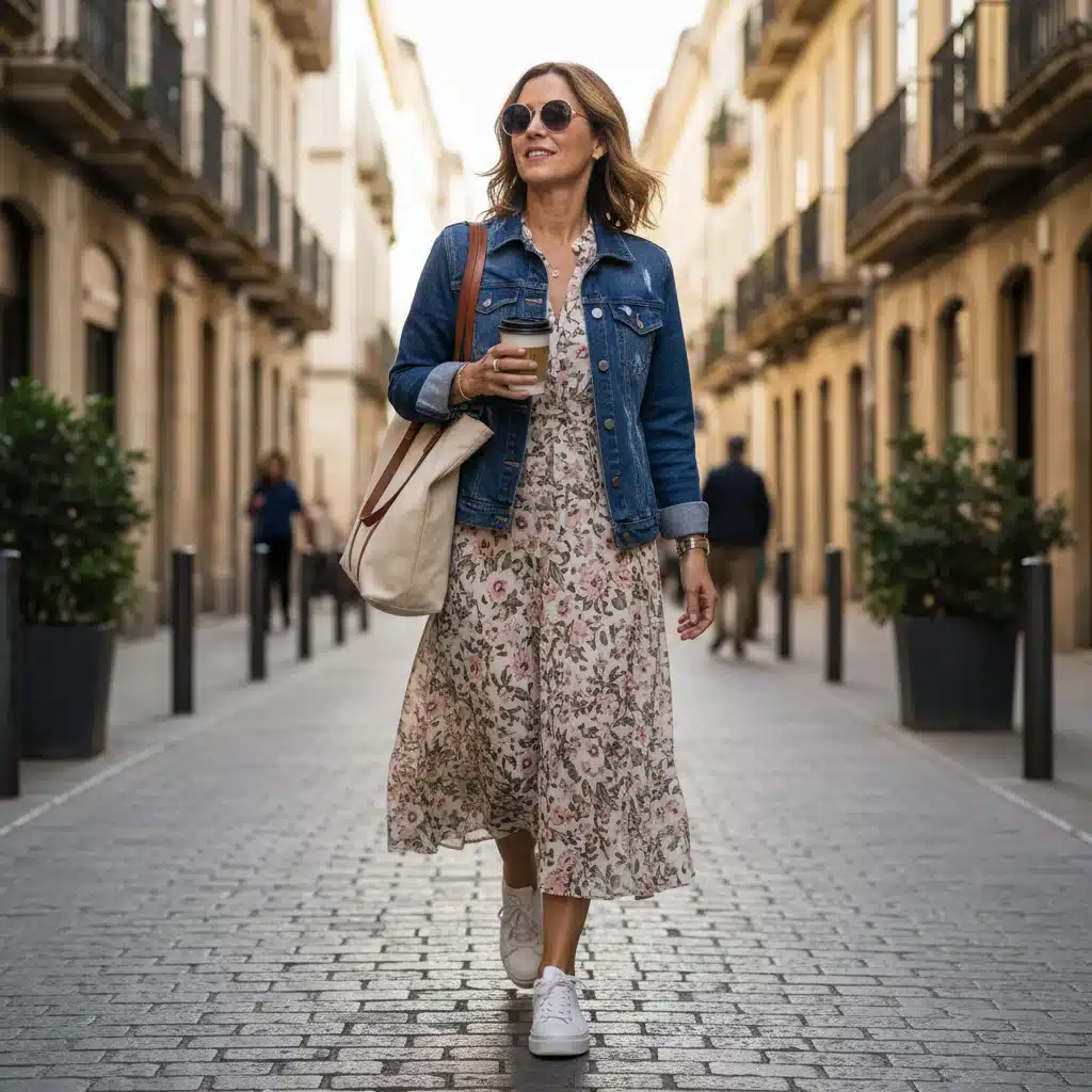 Streetstyle-Outfit: Jeansjacke über Blumenkleid mit Sneakers für Damen 40+