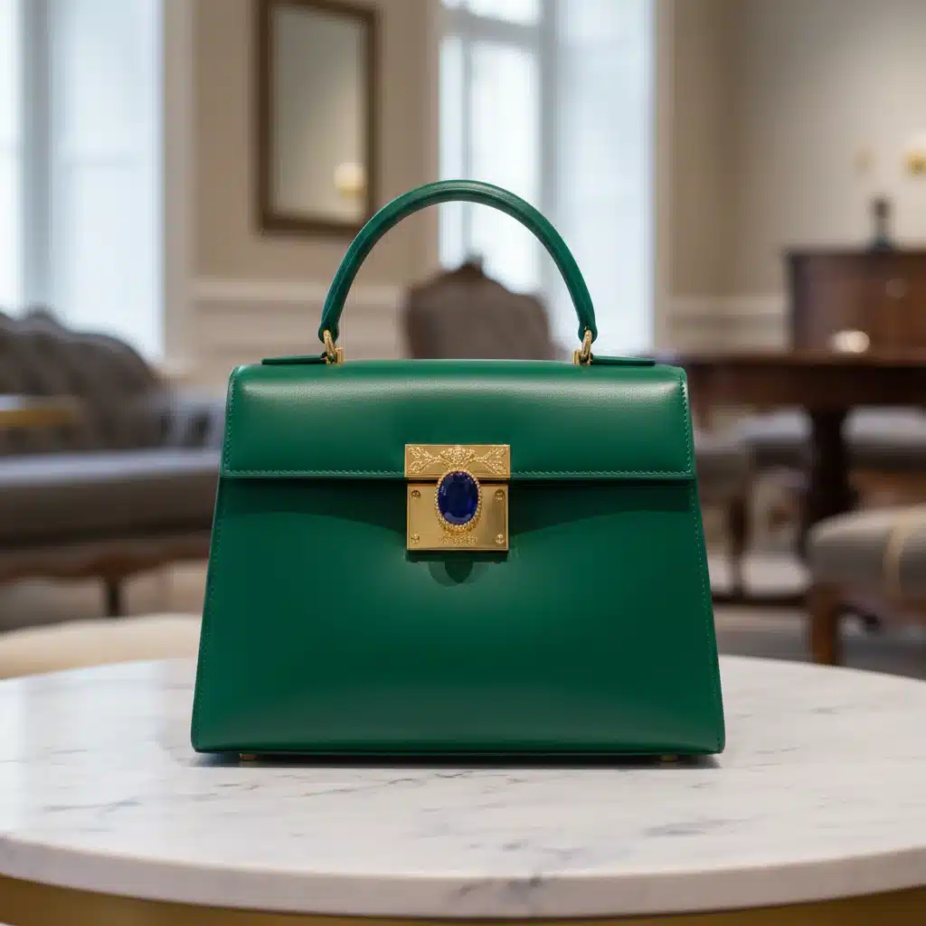 Elegante, strukturierte Handtasche in Smaragdgrün auf Marmoroberfläche, ein Must-have 2026.