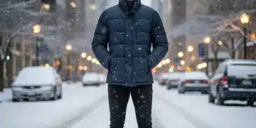 Stylischer Mann in moderner dunkelblauer Winterjacke im Schnee der Stadt