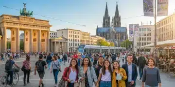 Panorama einer belebten deutschen Stadt mit Touristen und Wahrzeichen, symbolisierend den Wiederaufbau des Tourismus in Deutschland.