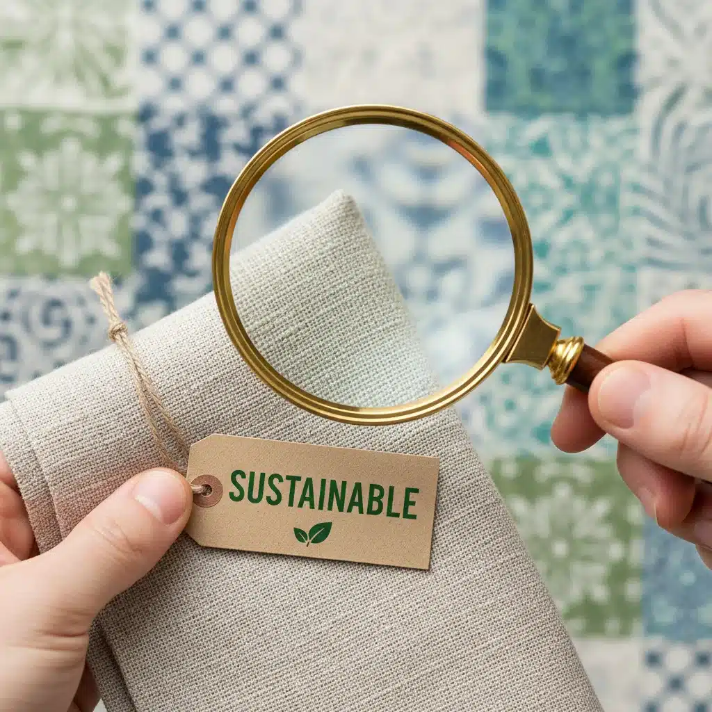 Hand hält Stoff mit Nachhaltigkeits-Label, Fokus auf Transparenz und Verbraucherinformation