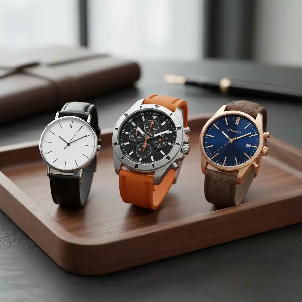 Auswahl verschiedener Herrenuhren: Dress Watch, Chronograph, Smart Casual auf Holzteller