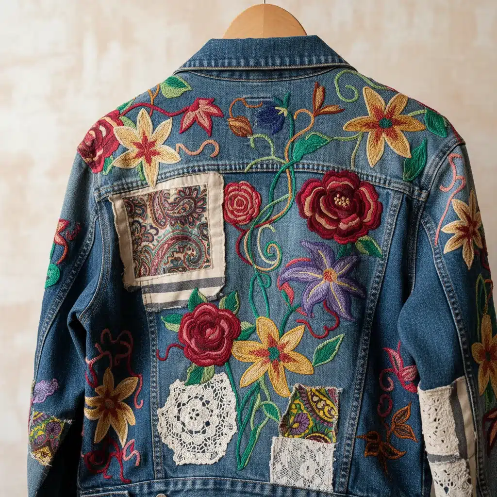 Detailaufnahme einer upgecycelten Jeansjacke mit Stickereien und Stoffapplikationen.