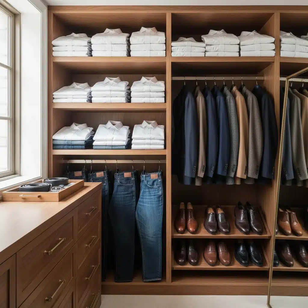 Organisierter Kleiderschrank mit vielseitiger und zeitloser Herrenmode