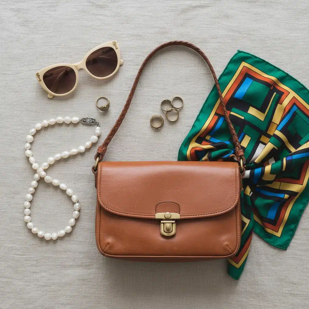 Vintage-Accessoires: Lederhandtasche, Sonnenbrille, Perlenkette, Seidenschal