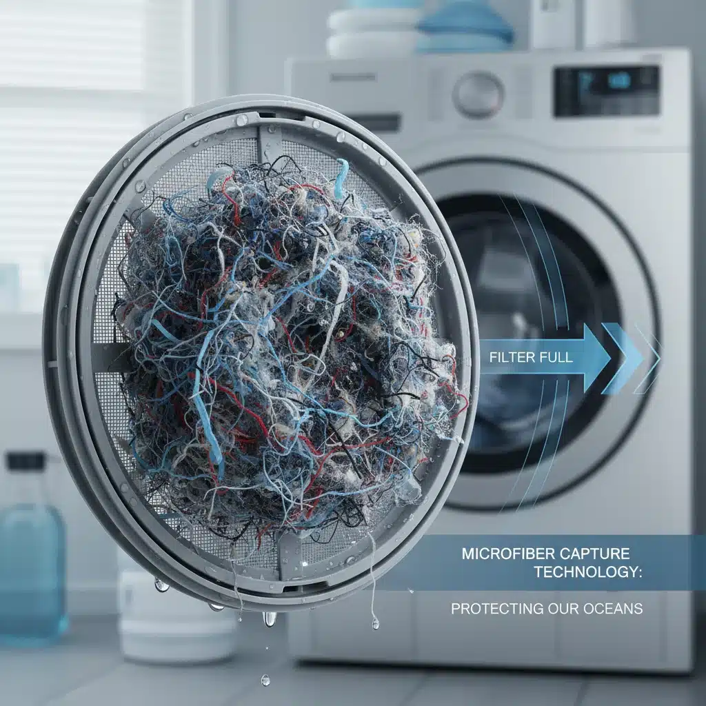 Waschmaschinenfilter fängt Mikrofasern auf, technologische Lösung gegen Mikroplastik.