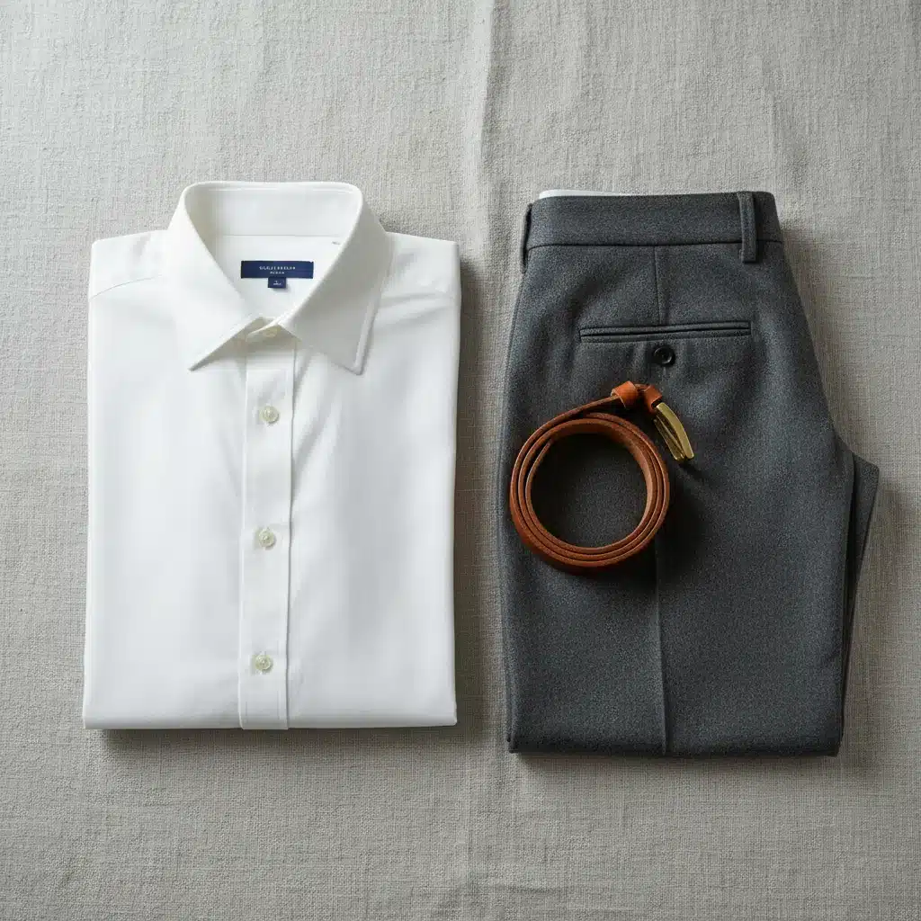 Ein perfekt gefaltetes weißes Hemd auf einem Tisch, umgeben von Accessoires.