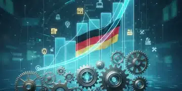 Grafische Darstellung der deutschen Wirtschaft mit steigenden Kurven und Symbolen für den Mittelstand im Jahr 2026