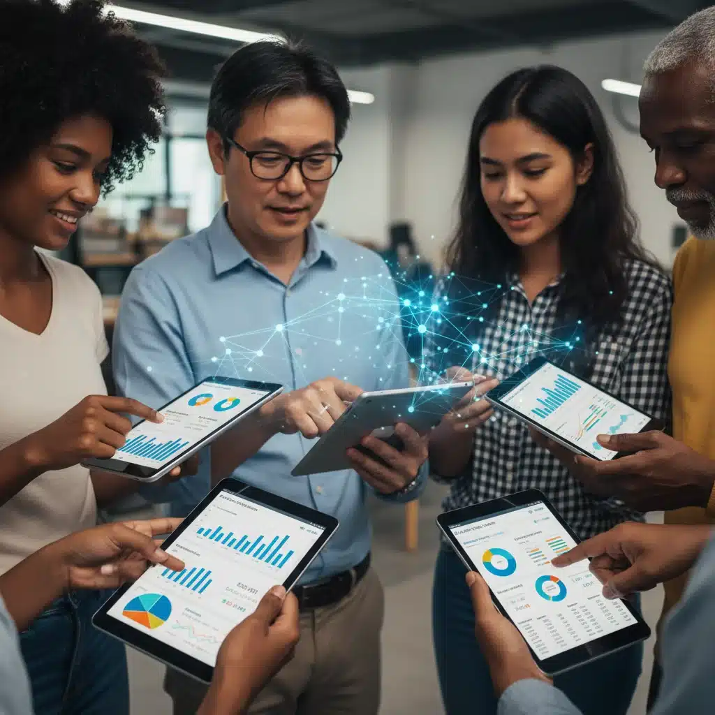 Pessoas analisando dados financeiros em dispositivos digitais, representando acesso ao crédito.