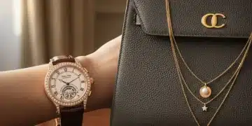 Relógio de luxo, bolsa de couro e colares dourados, acessórios chave para 2026