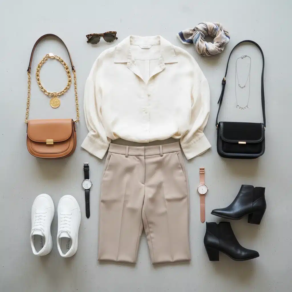 Acessórios versáteis como bolsas, colares e sapatos que complementam um guarda-roupa cápsula e multiplicam os looks.