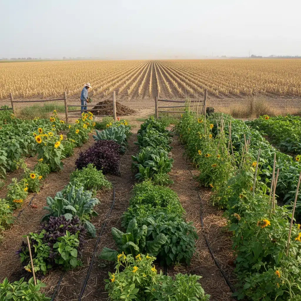 Campo agrícola vibrante com práticas de agricultura sustentável, simbolizando a produção de alimentos consciente.
