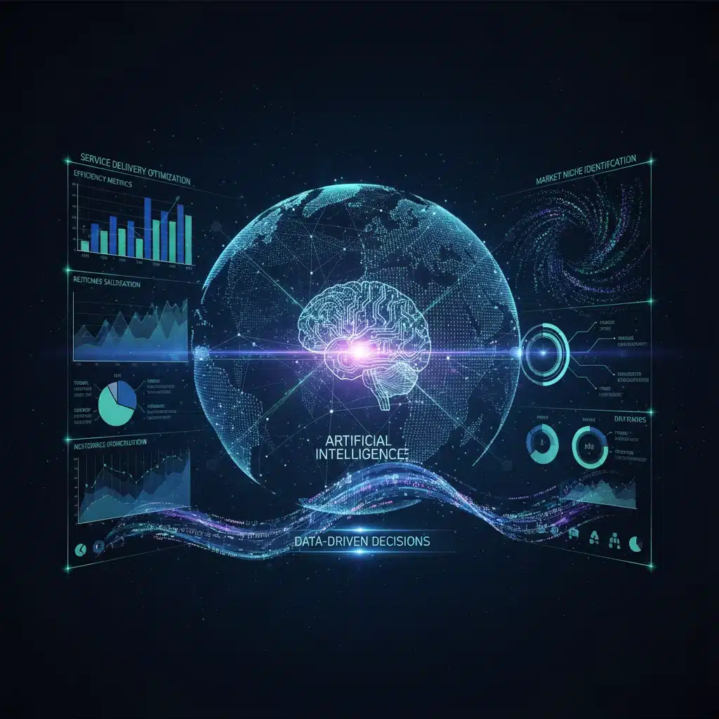 Visualização de dados e inteligência artificial, representando a análise e otimização de serviços digitais.