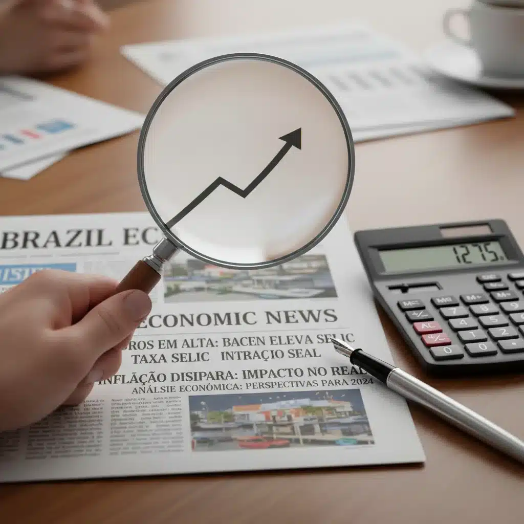 Mão segurando lupa sobre jornal financeiro com notícias de juros e inflação no Brasil.