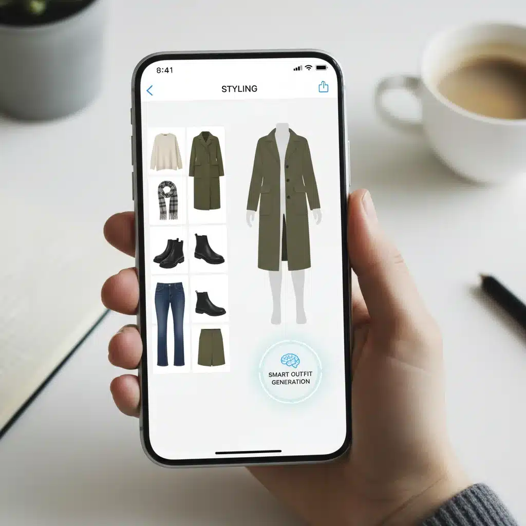 Tela de smartphone exibindo aplicativo de styling com IA, combinando peças de roupa para um look.