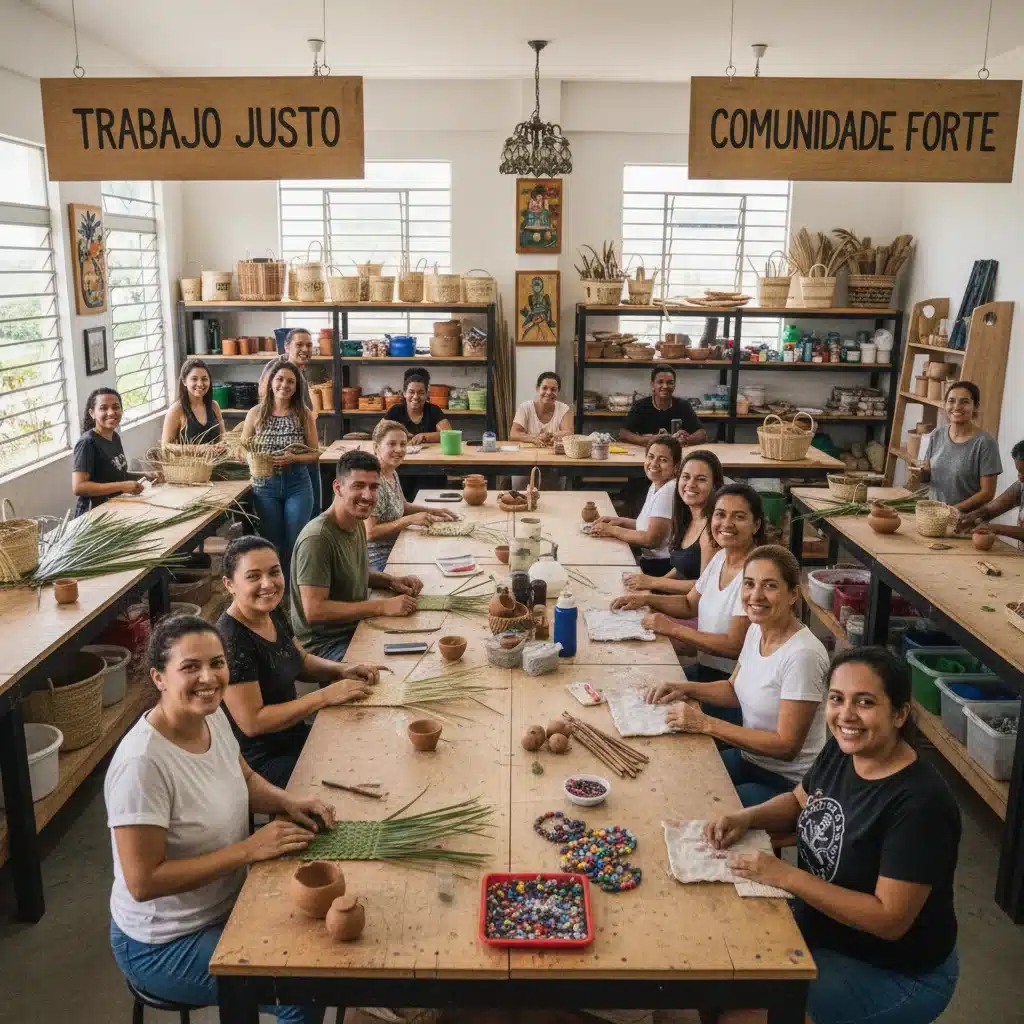 Artesãos brasileiros trabalhando em um ambiente colaborativo e justo, simbolizando a cadeia produtiva ética.