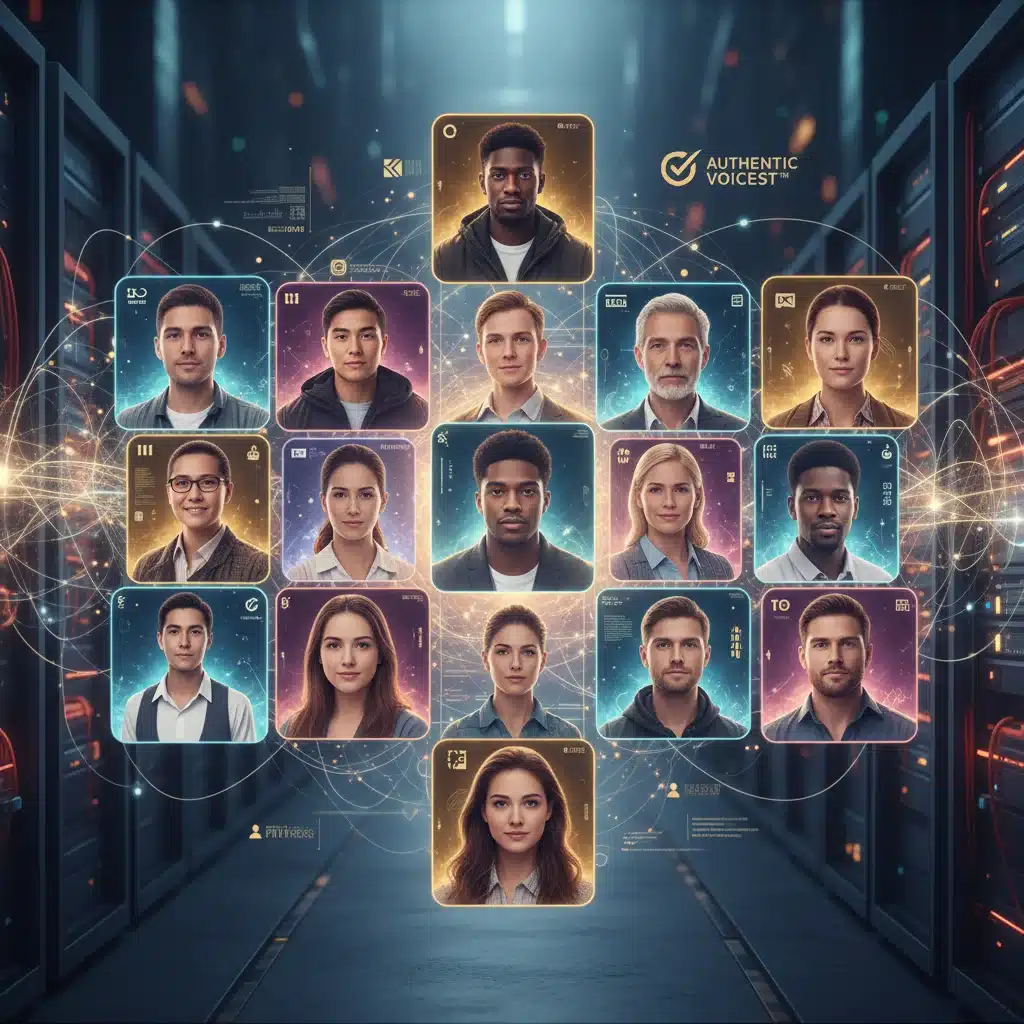Diversidade de pessoas com branding pessoal autêntico, conectadas digitalmente.