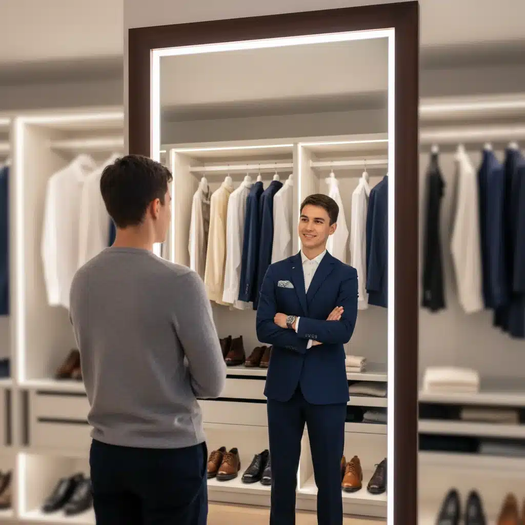 Pessoa se olhando no espelho com confiança, refletindo um estilo pessoal bem definido e alinhado.