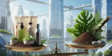 Balança simbolizando o consumo consciente, equilibrando produtos e natureza em um cenário urbano futurista de 2026.